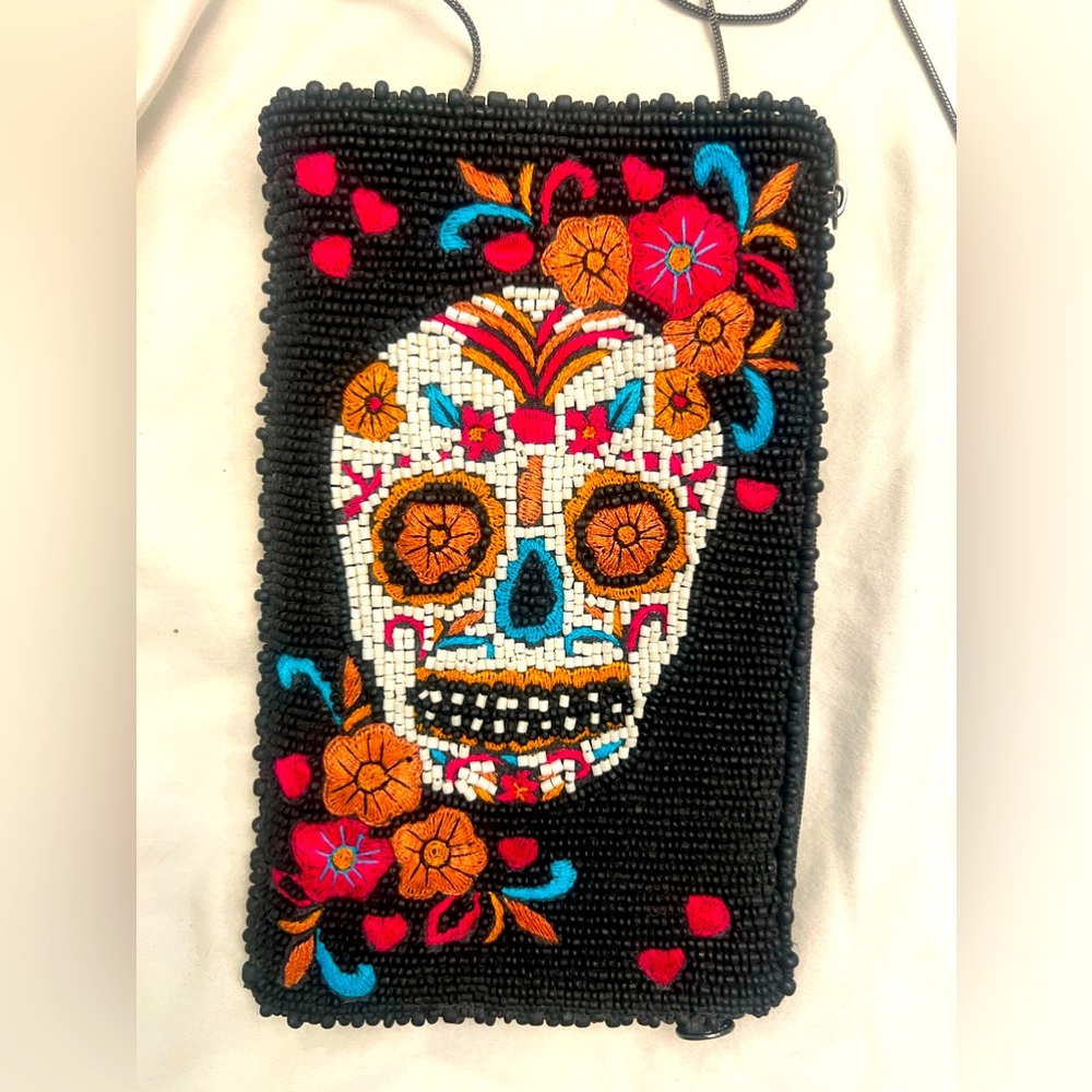 MARY FRANCES beaded skull phone purse